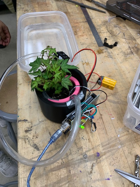 Working prototype with the planted pot, tubing, reservoir, Arduino Mega, wiring, and status LEDs