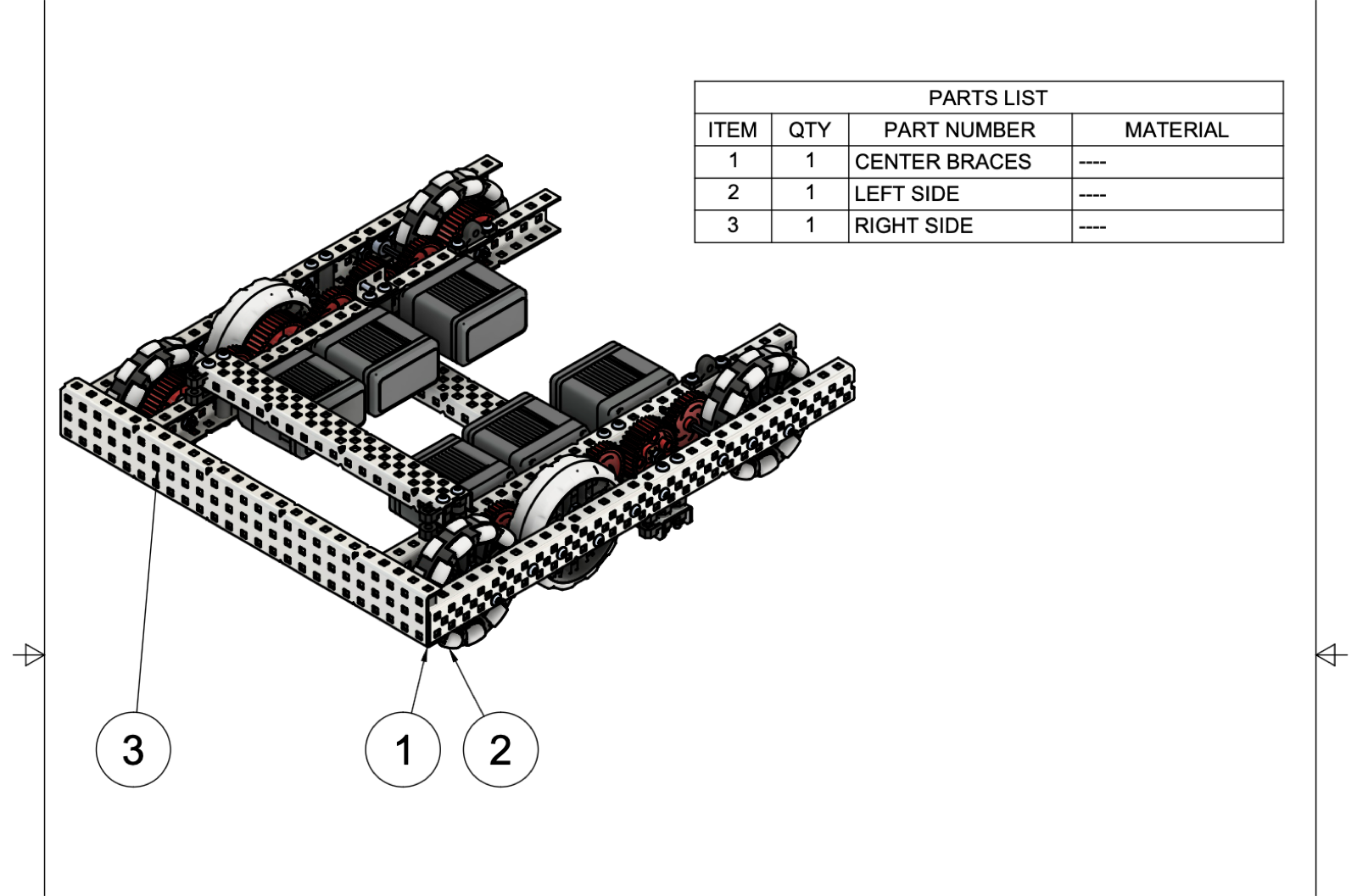 CAD drawing of the drivetrain frame with a parts list for the left side, right side, and center braces