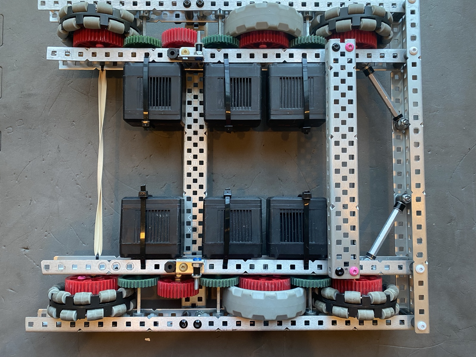Second view of the built drivetrain showing the wheel layout and gearing