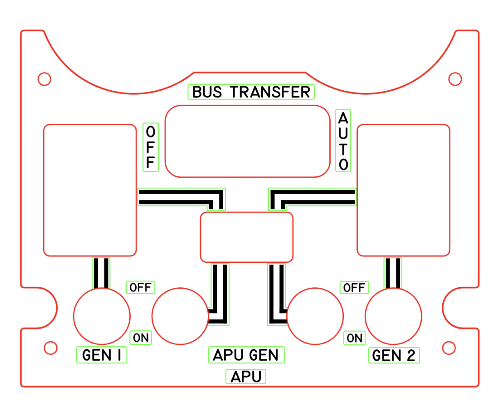 Laser cut vector design for the bus panel face with BUS TRANSFER, GEN and APU GEN labels