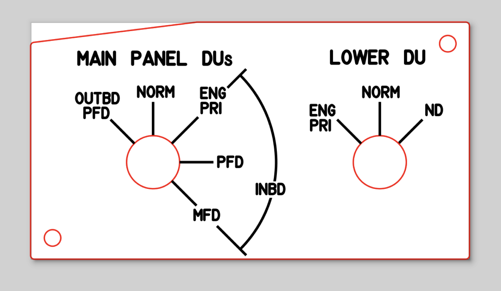 Laser cut vector design for the display unit selector panel with MAIN PANEL DUs and LOWER DU dials