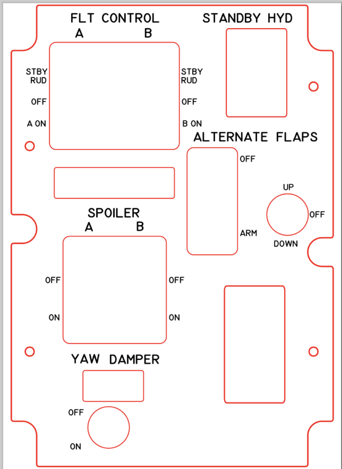 Flight control overhead panel design with labelled switch positions