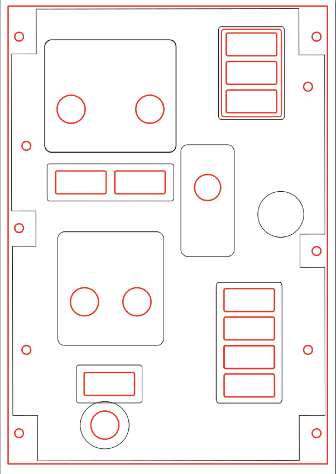 Flight control overhead panel cut outline showing switch and rotary openings