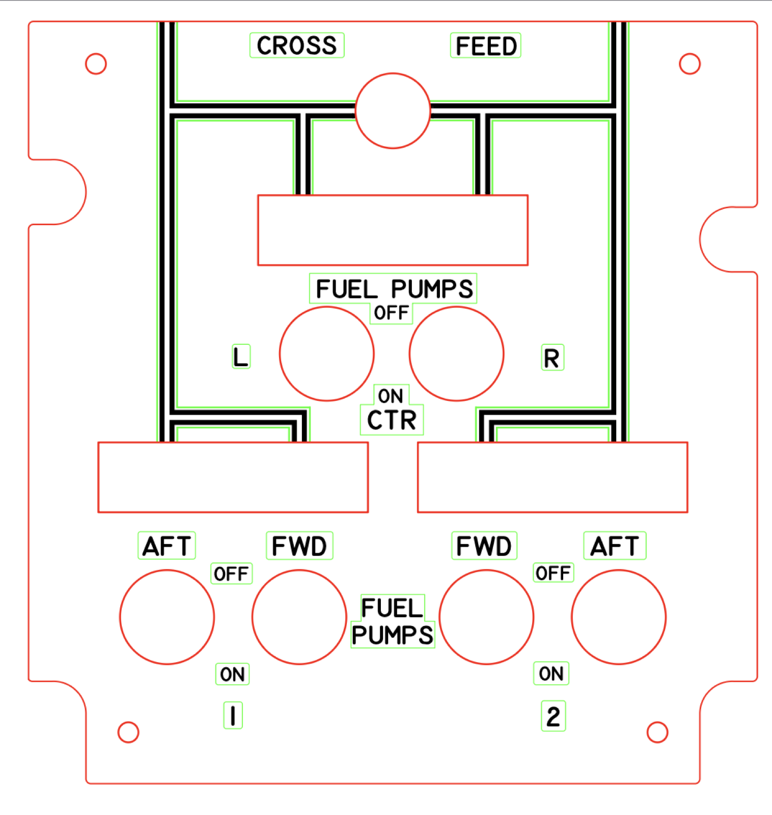 Fuel pump overhead panel design with crossfeed and fuel pump labels