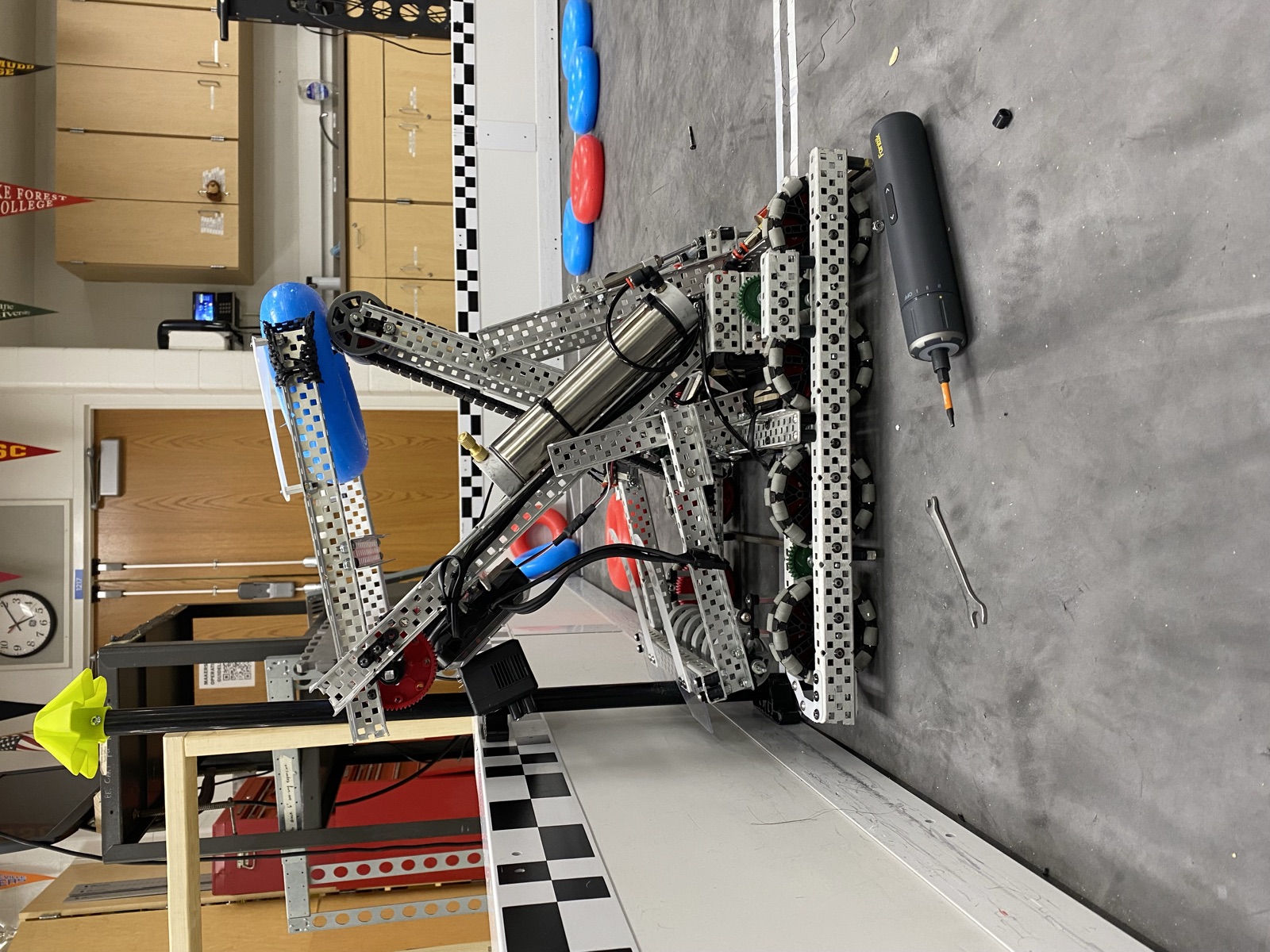 Wall stake arm raised on the robot during field testing