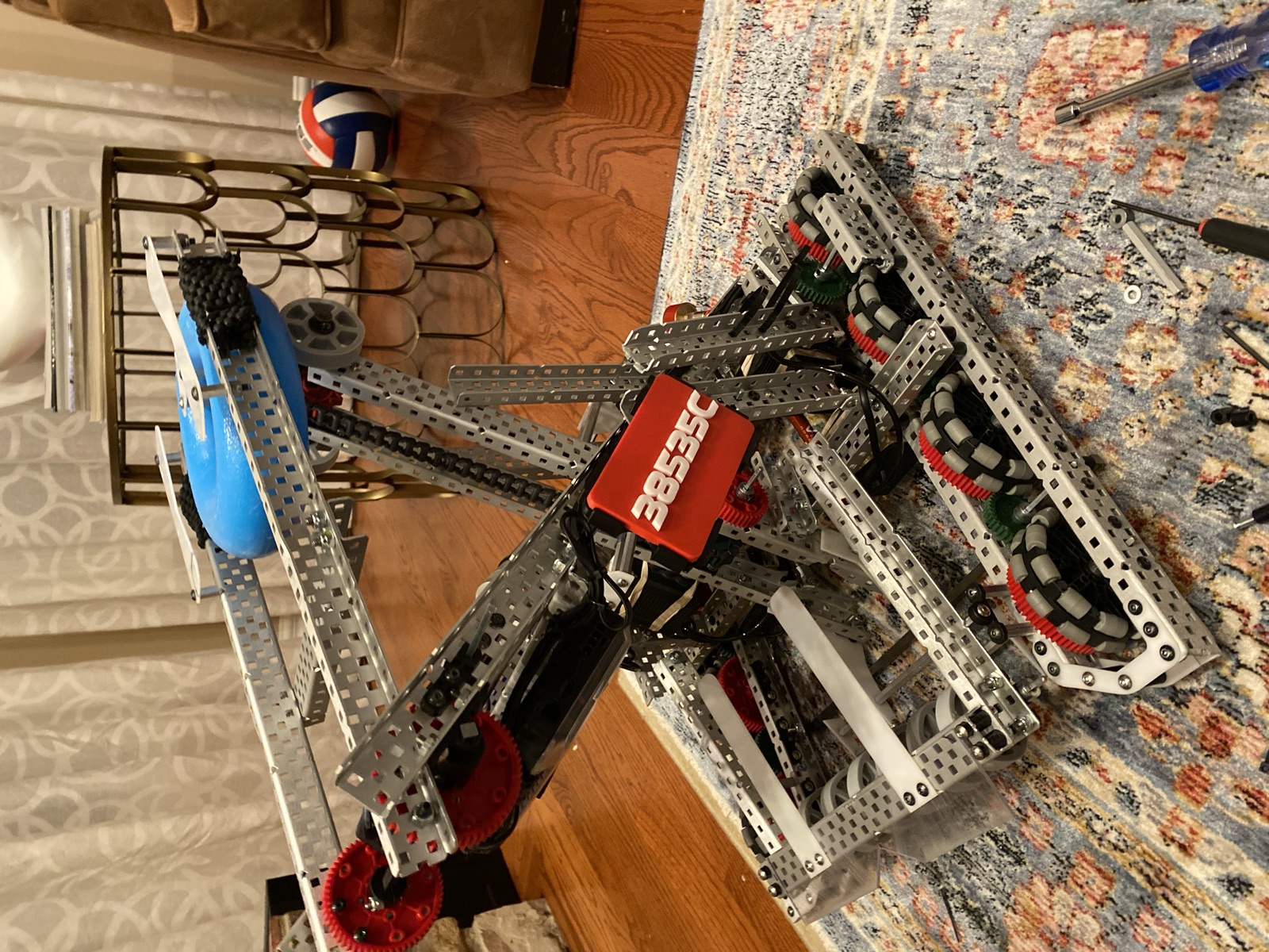 High Stakes Robot 2 showing the drive base, side gears, and chain driven arm