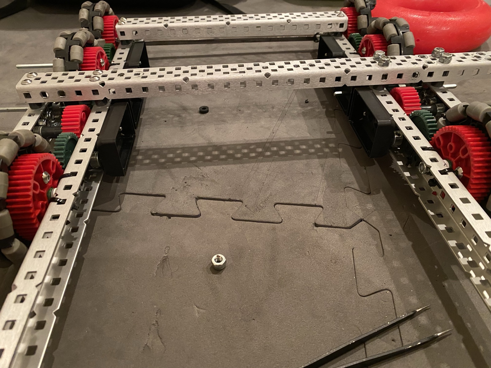 Close view of the drivetrain wheels, gears, and motors