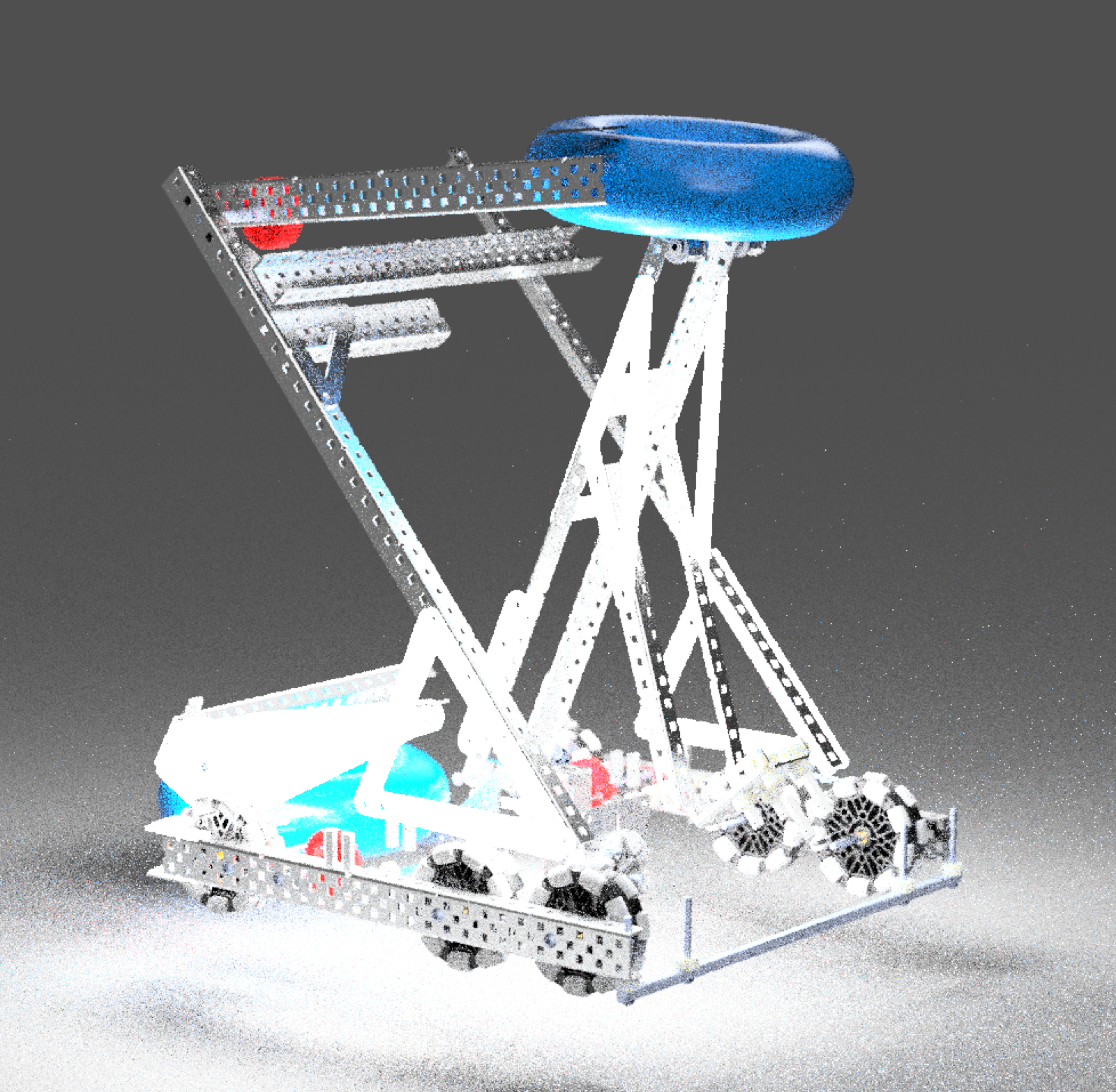 CAD render of the full robot with the wall stake arm raised and a ring held at the top
