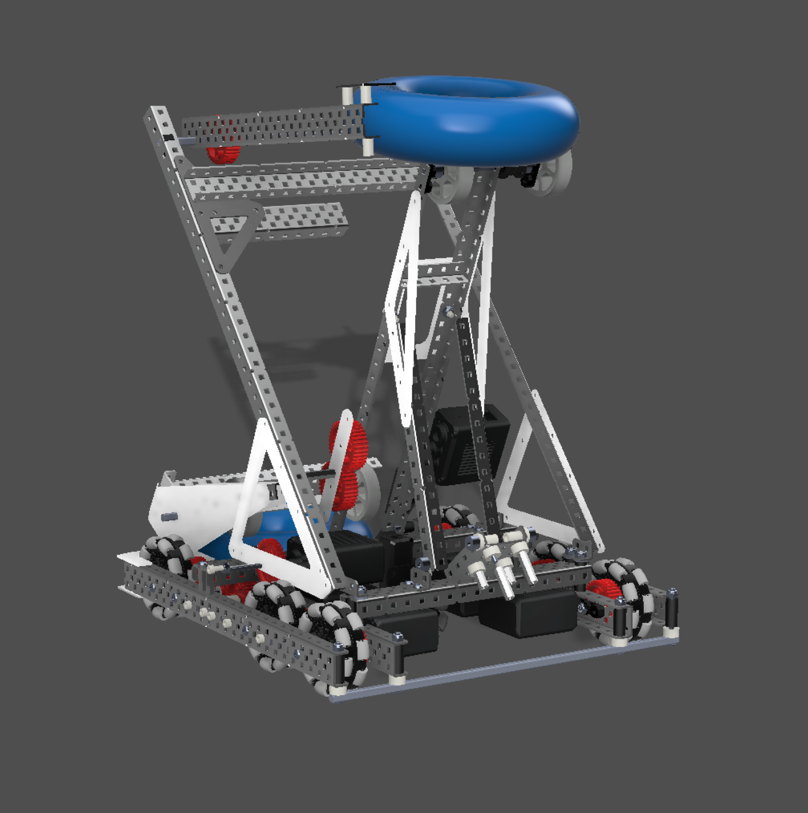 Second CAD render of the robot showing the drivetrain, gearing, and arm structure