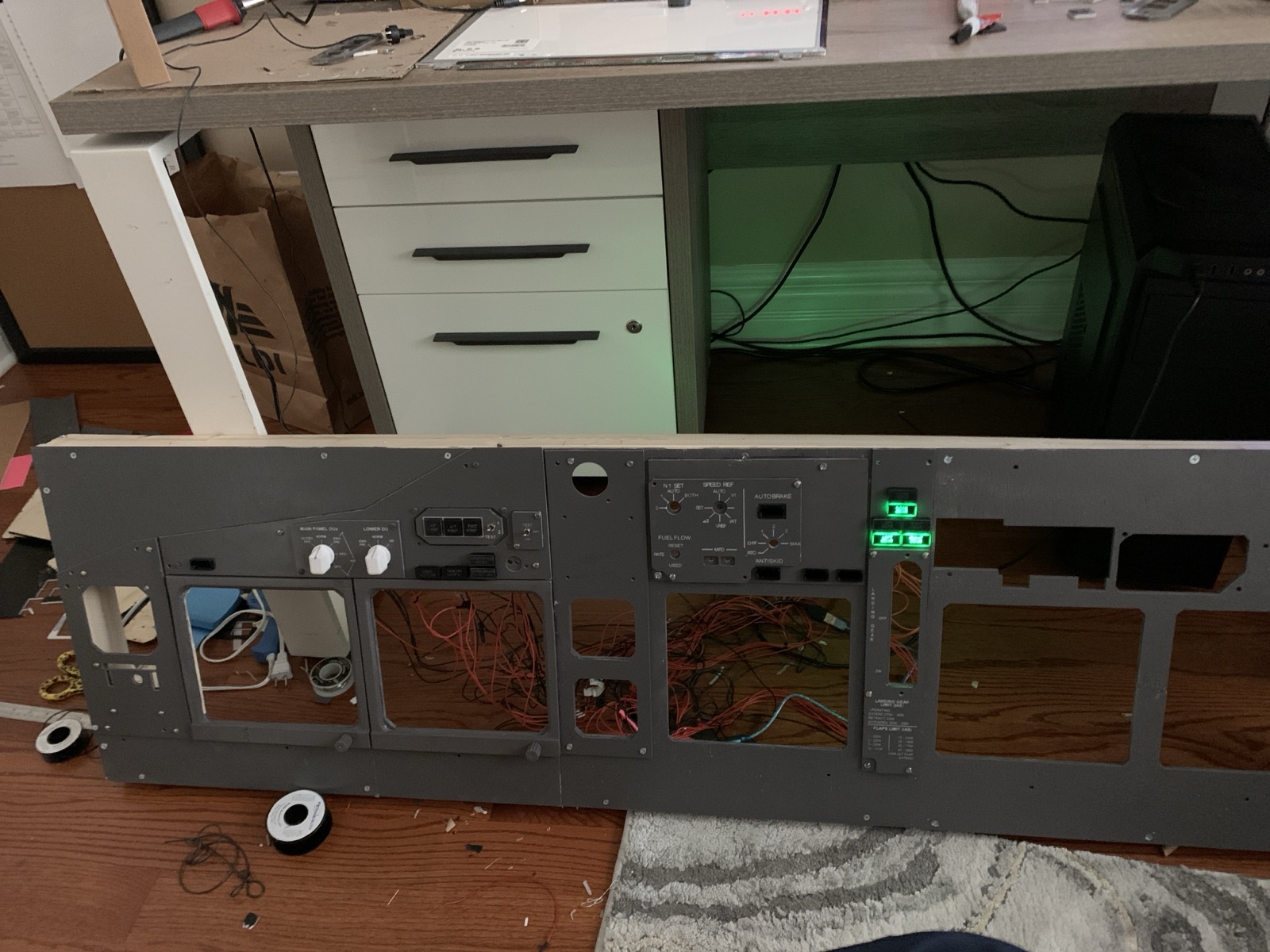 Landing gear panel installed in the main panel with green indicators lit