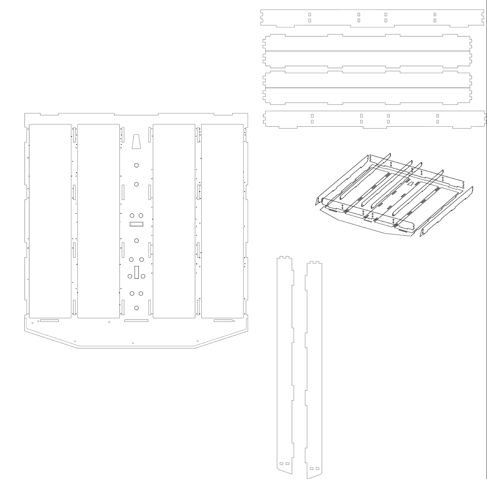 Vector layout of the laser cut plywood frame pieces including rails, dividers and side walls