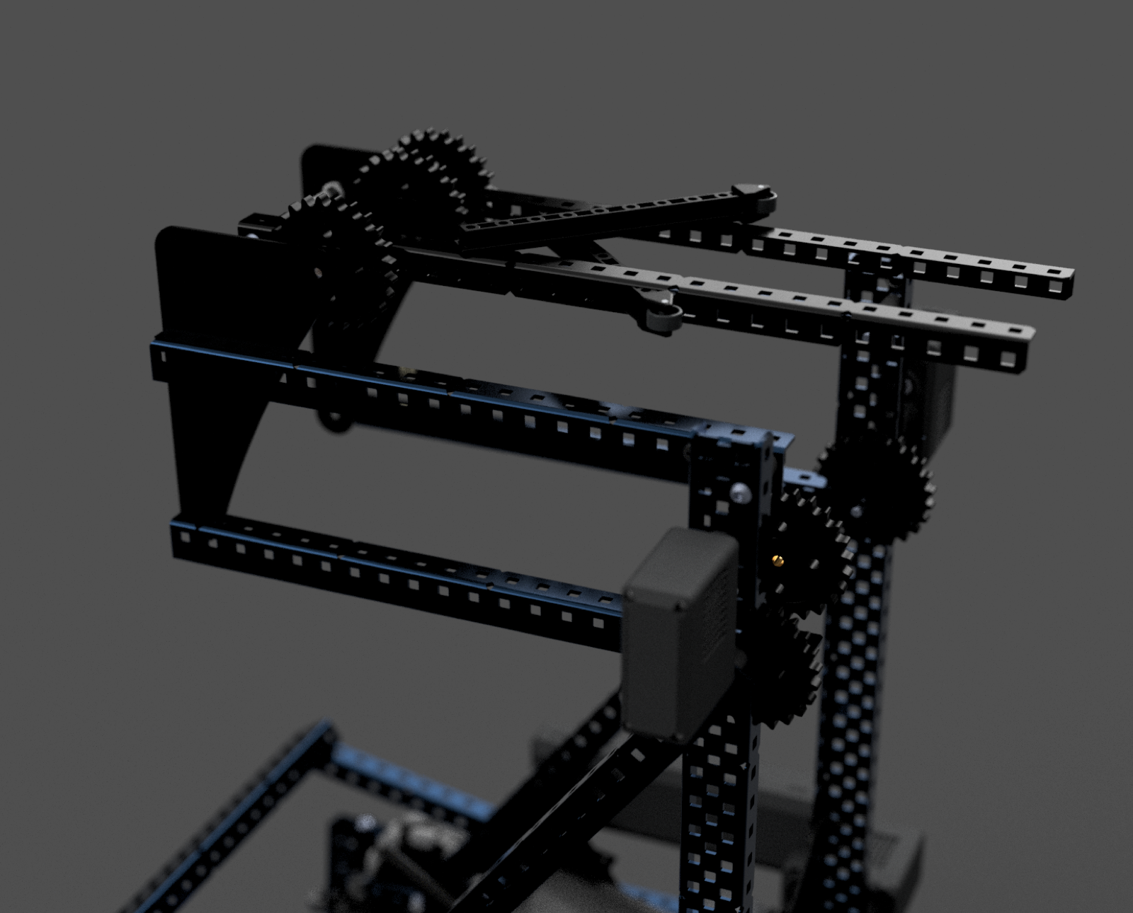 CAD render of the lift showing a 4 bar lift, chain bar, sprockets at the pivots, and motors mounted low