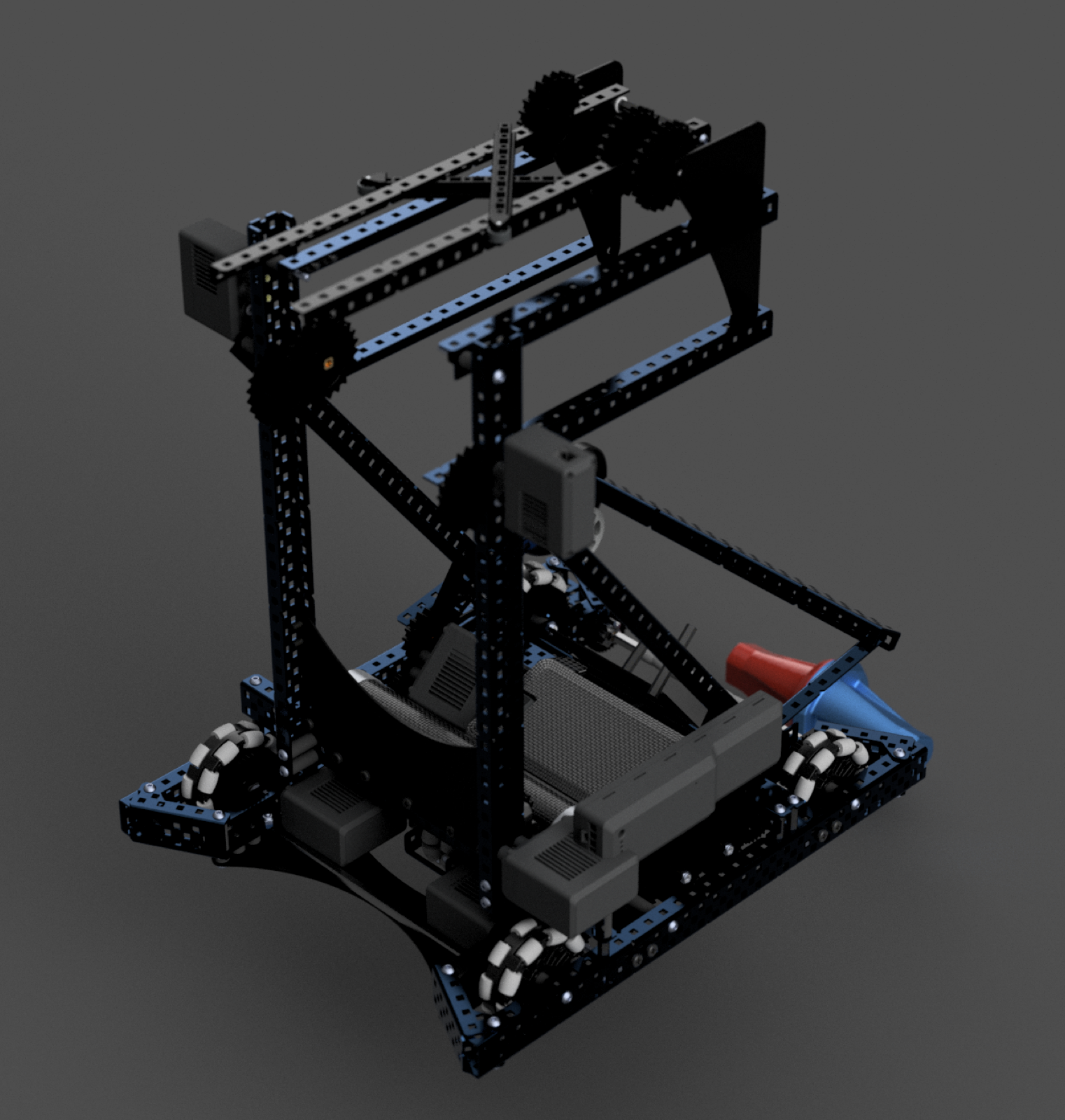 CAD render of the full Override robot with its omni drivetrain, intake, and upper scoring structure