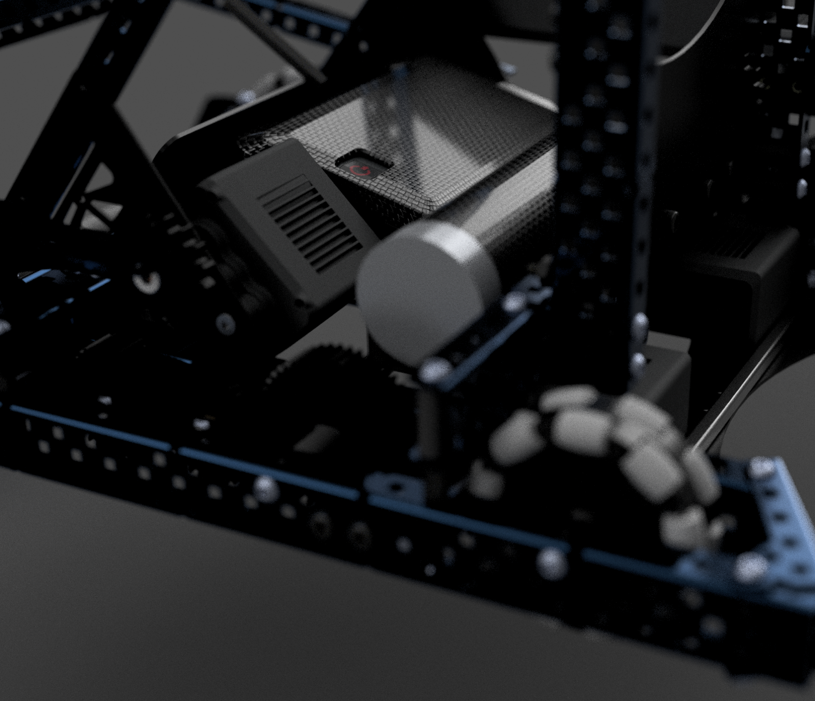 Close CAD render of the intake and internal motors and gearing