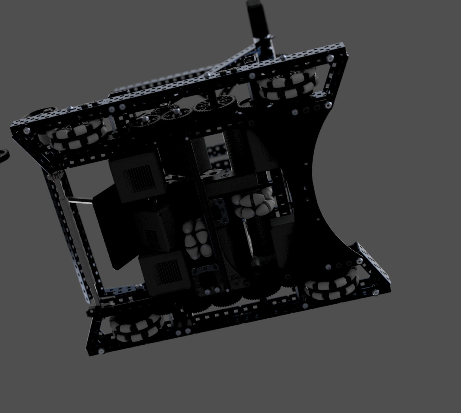 Underside CAD render showing the mesh conveyor, motors, and drivetrain layout