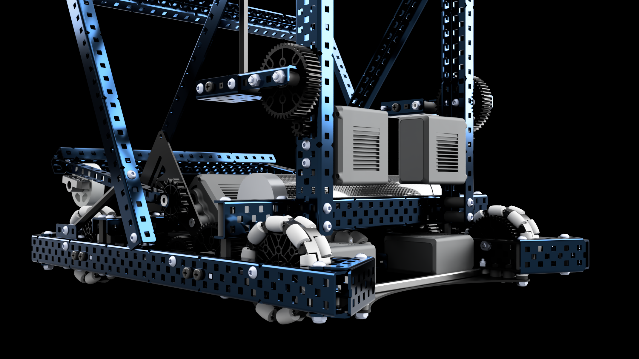 CAD render of the Override Robot with its lift, intake, and drivetrain