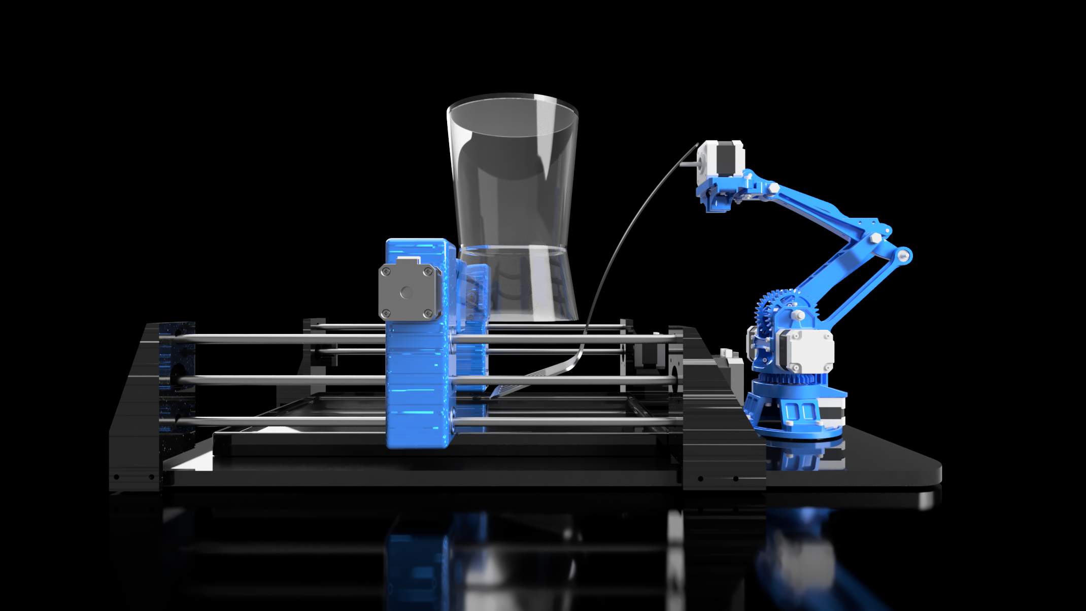 Pancake robot cooker with the batter dispenser and robotic arm on a black base
