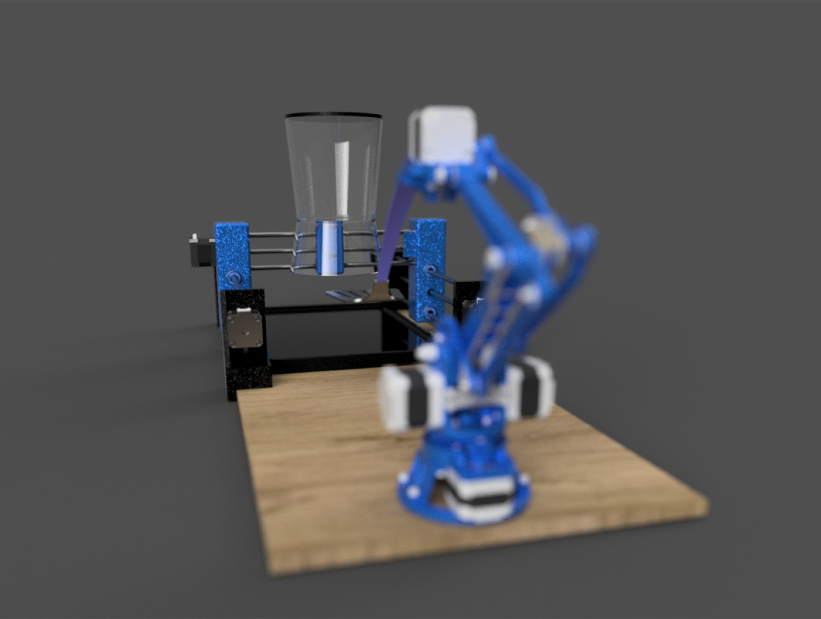 Render of the pancake robot cooker with the arm and dispenser on opposite sides of the griddle