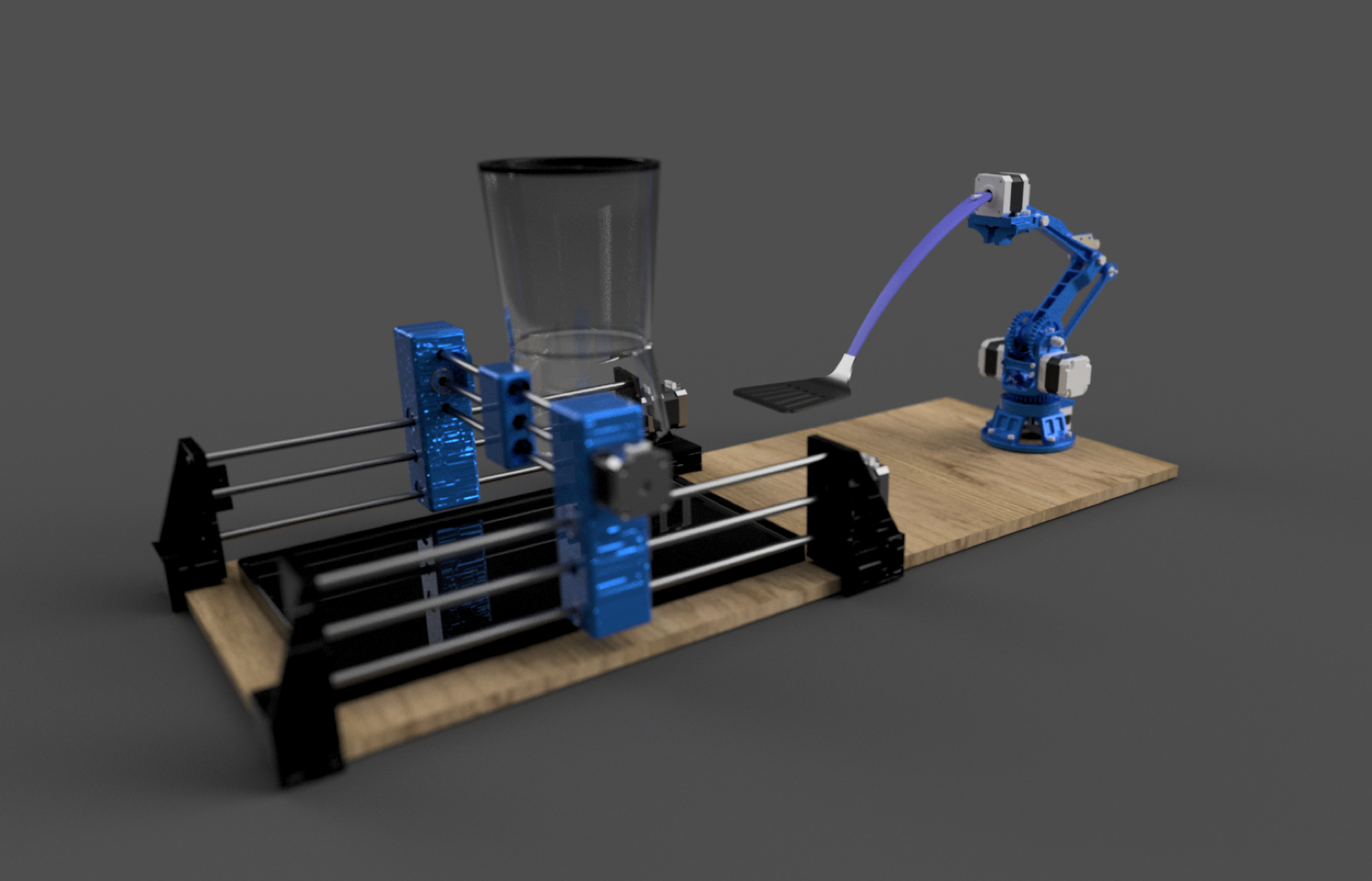 Render of the pancake robot cooker with the batter dispenser and robot arm on the base