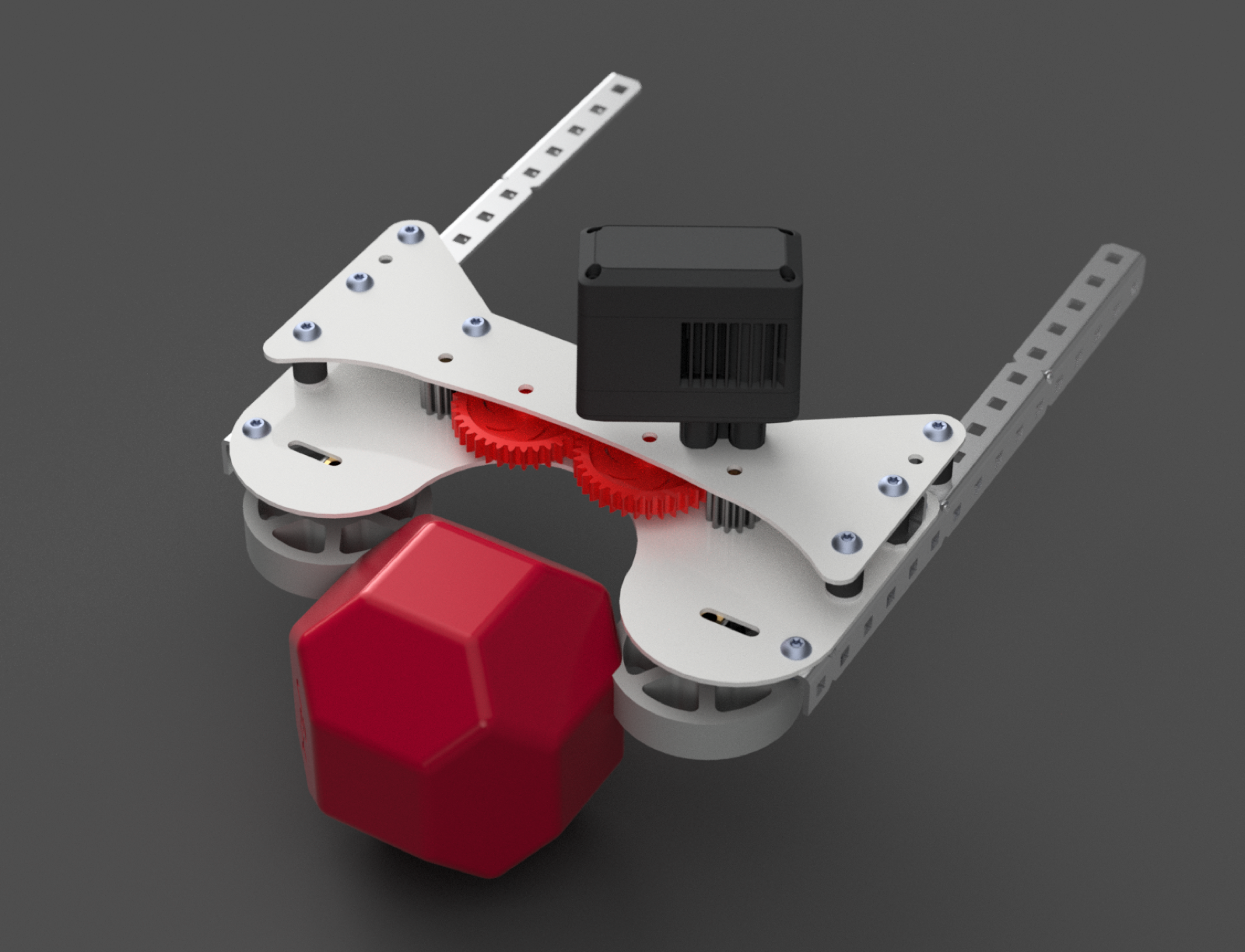 CAD render of the intake concept with side plates, rollers, red gears, and a game ball at the opening