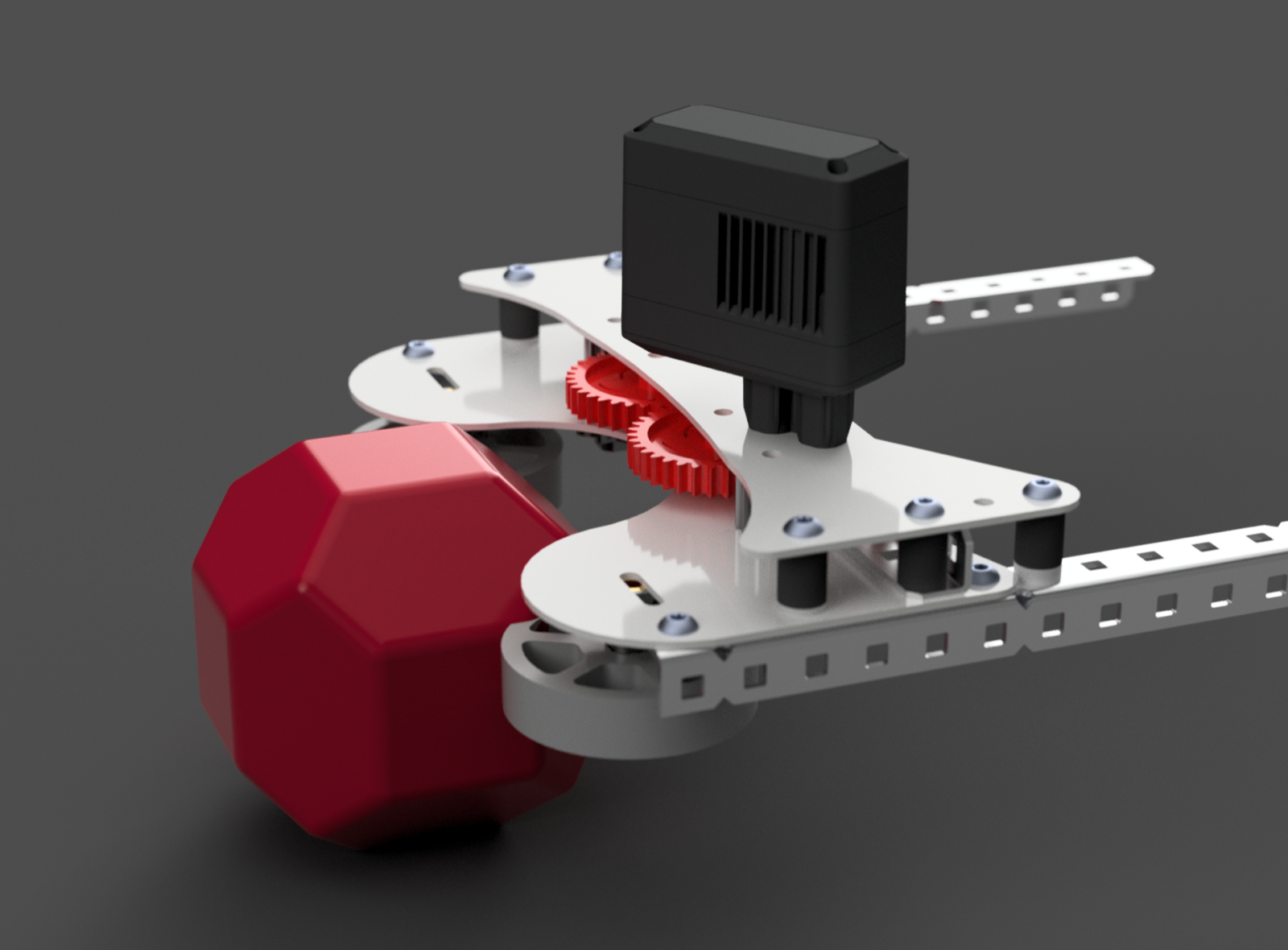 Second CAD view of the intake concept showing the motor cartridge and gear train over the ball