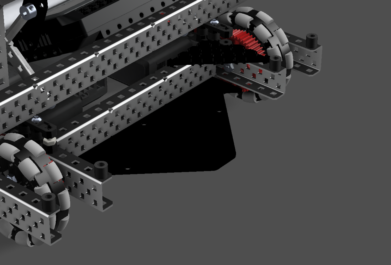 CAD render under the front of the robot showing metal rails, omni wheels, a red gear, and the low aligner plate