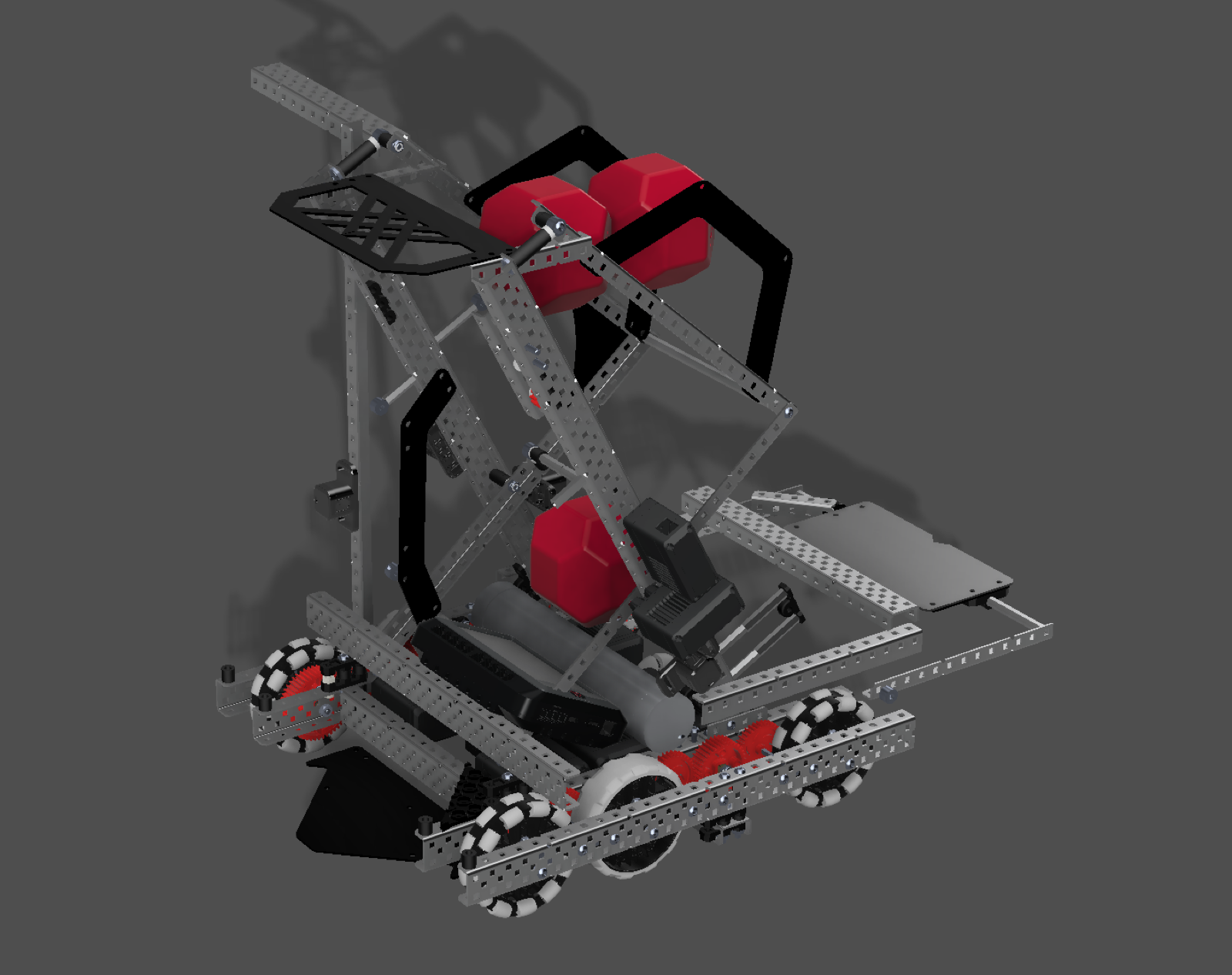 CAD render of the robot showing the chassis and intake with game balls loaded