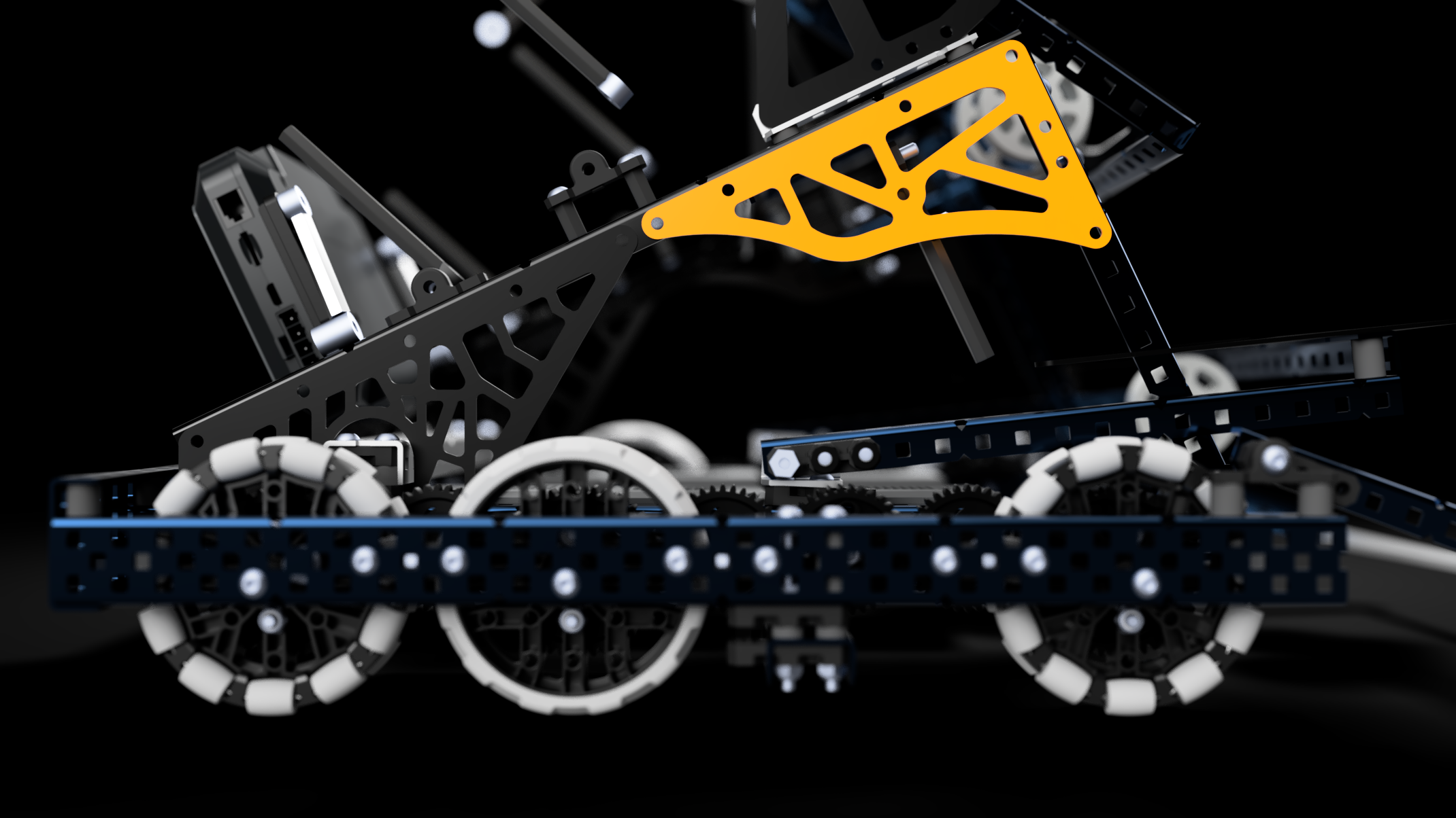 Orange 90 degree gusset mounted on the Push Back small bot frame