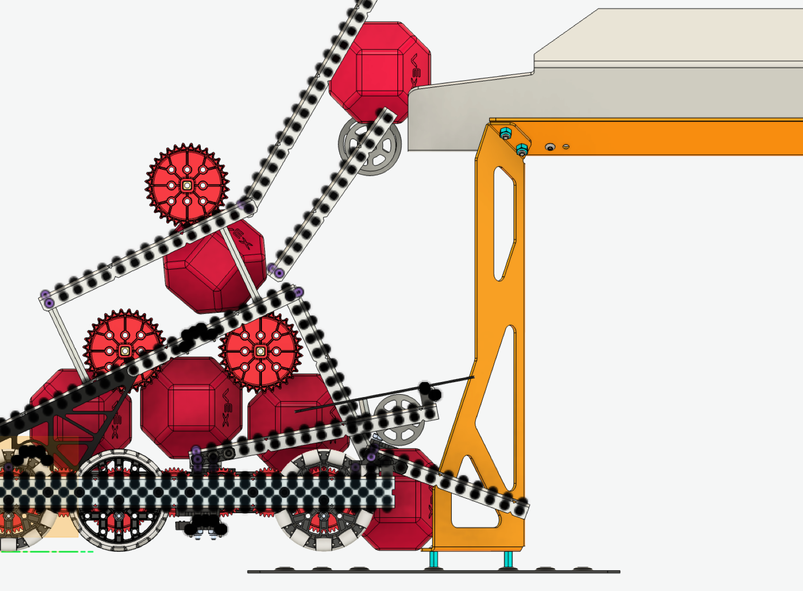 CAD side view of the hood lifting its roller toward the goal