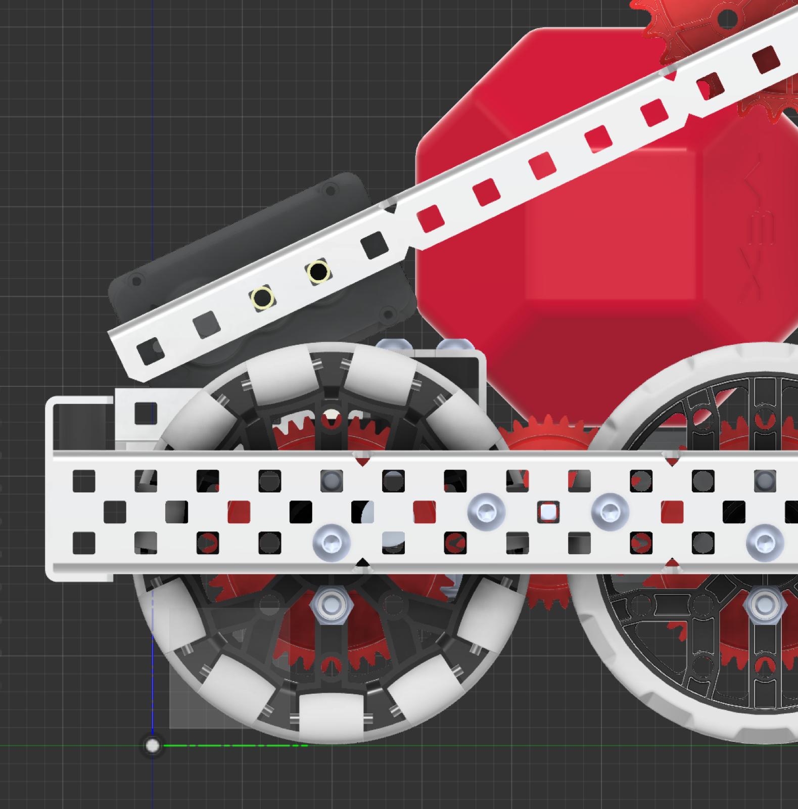 CAD close up of the drivetrain wheels and gearing