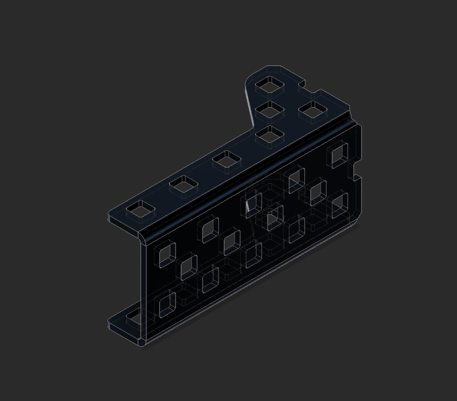 Isometric CAD view of the U channel funnel piece with wireframe enabled