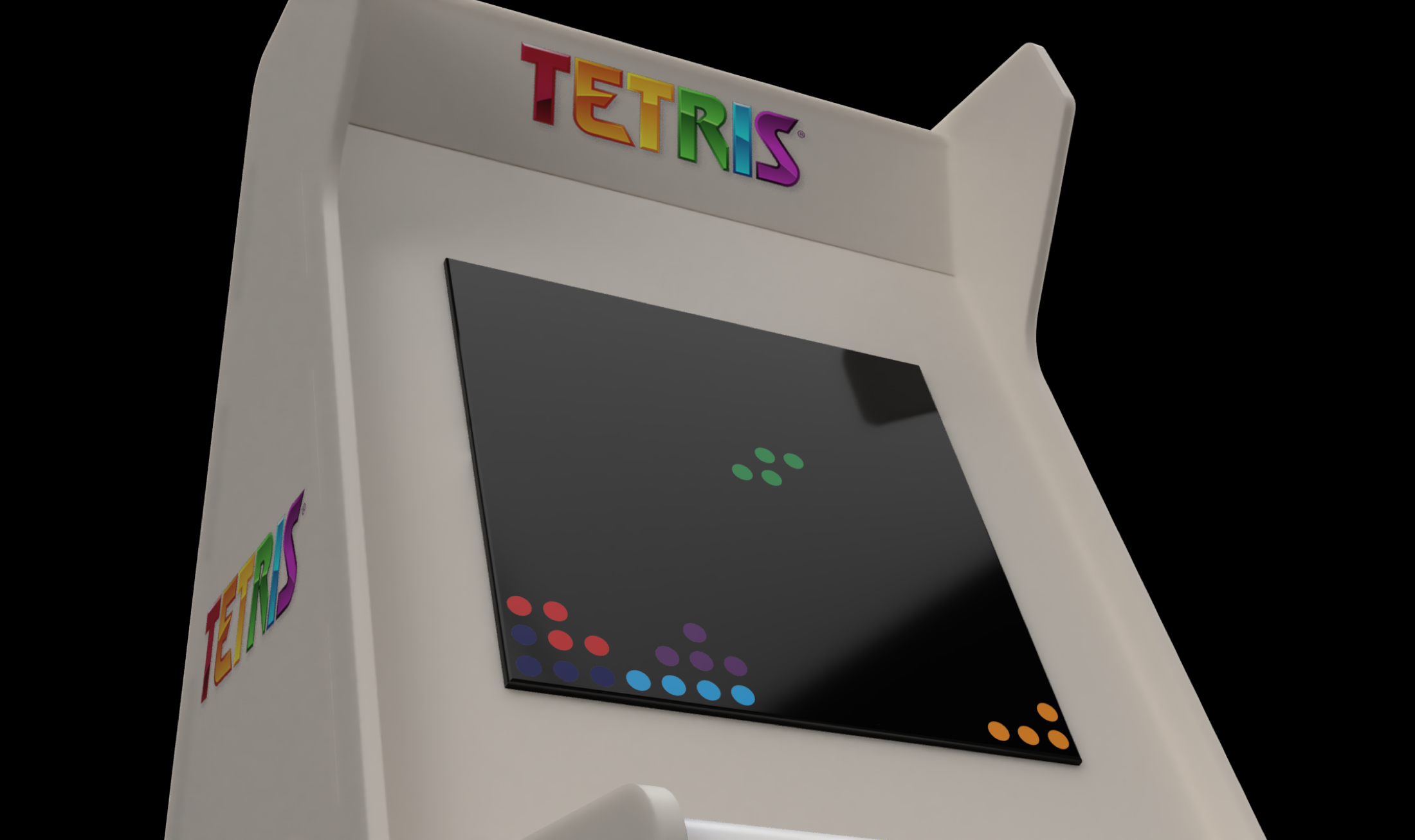 Render of the Tetris arcade cabinet with a game in play on the LED matrix