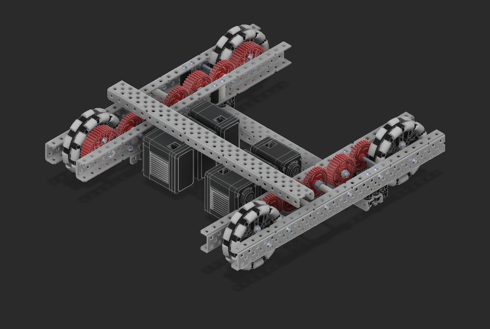 CAD render of the drivetrain from a raised angle showing the gear trains and motors