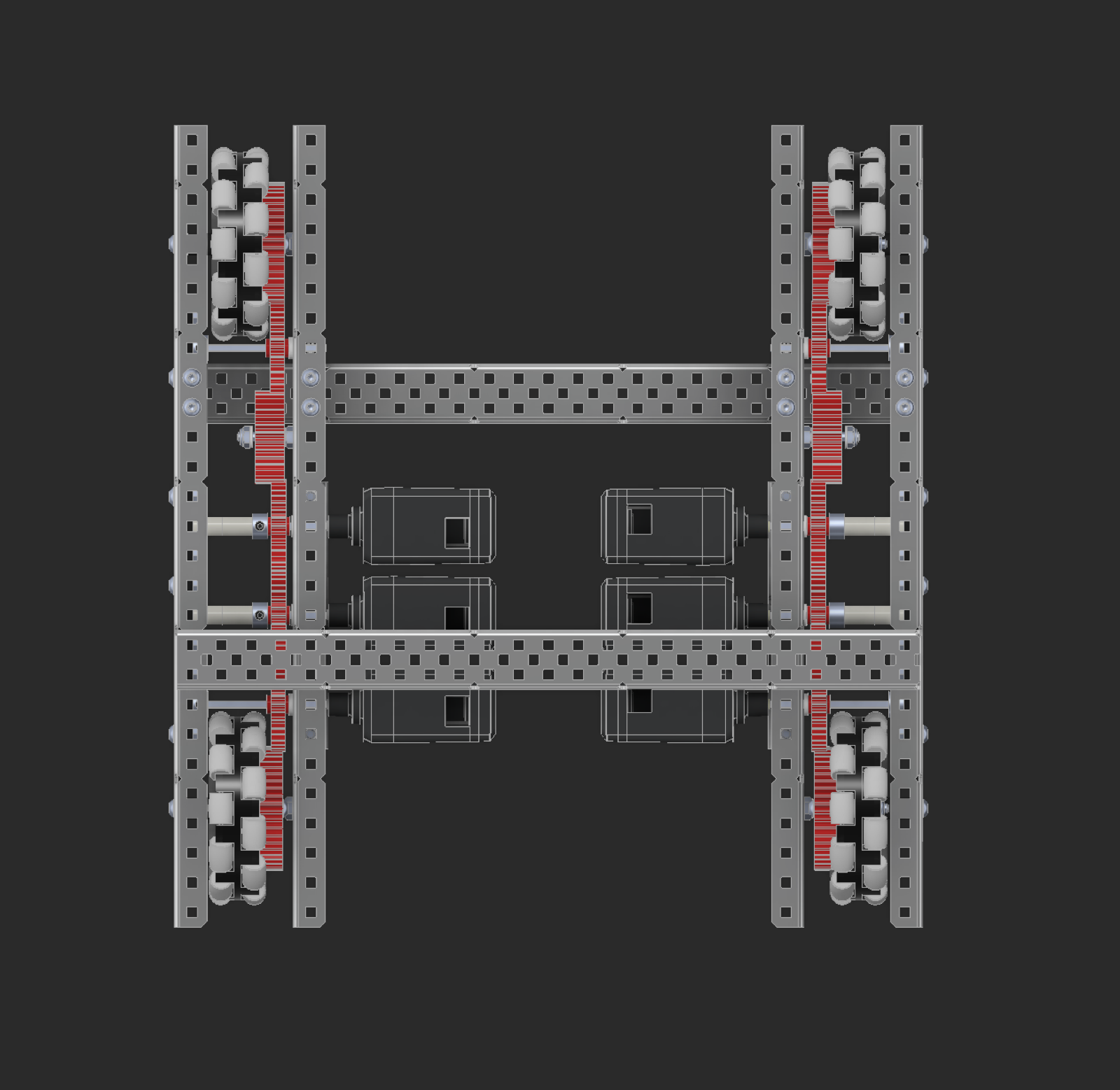 Top down CAD view showing the symmetric layout of wheels, gears, and motors