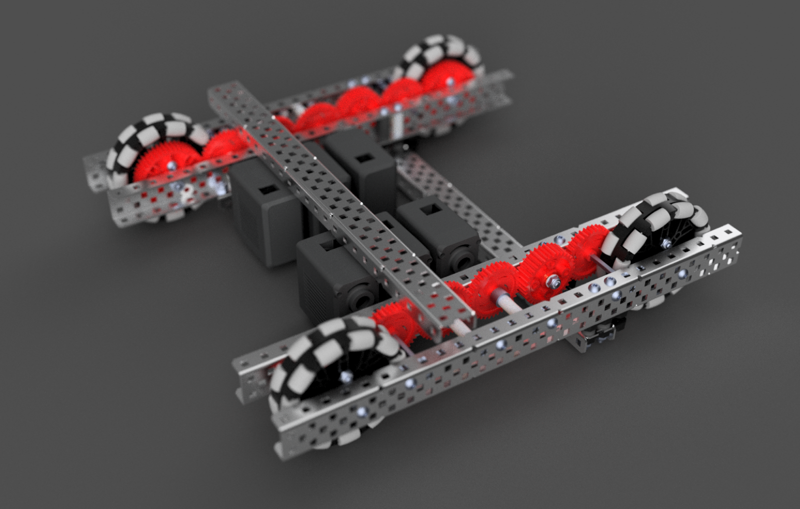 Rendered CAD view of the drivetrain with the red gears and omni wheels in detail