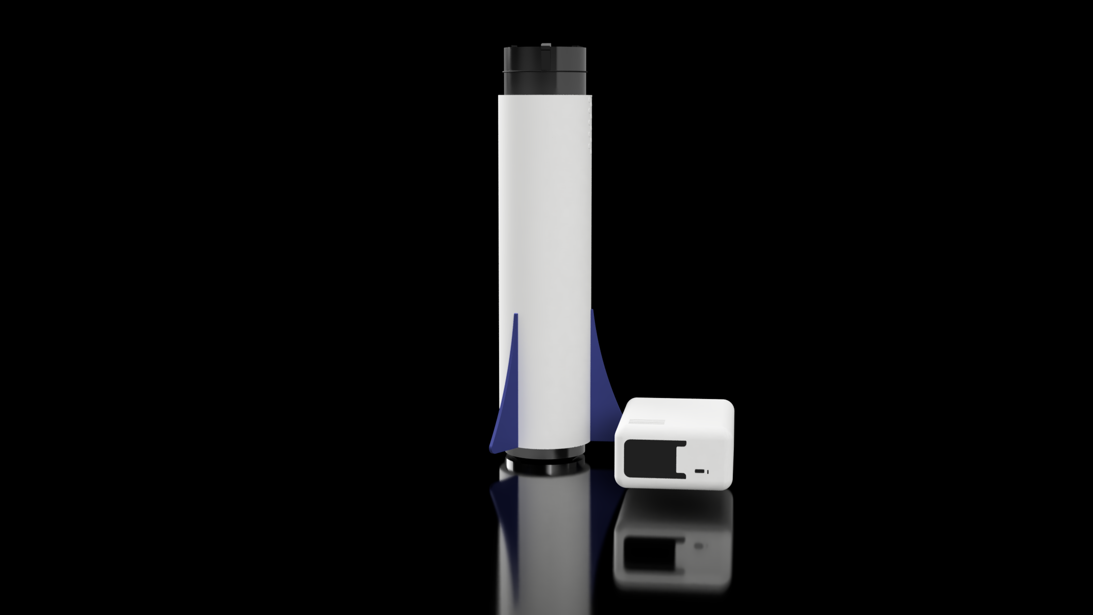 CAD render of the redesigned rocket beside its controller enclosure