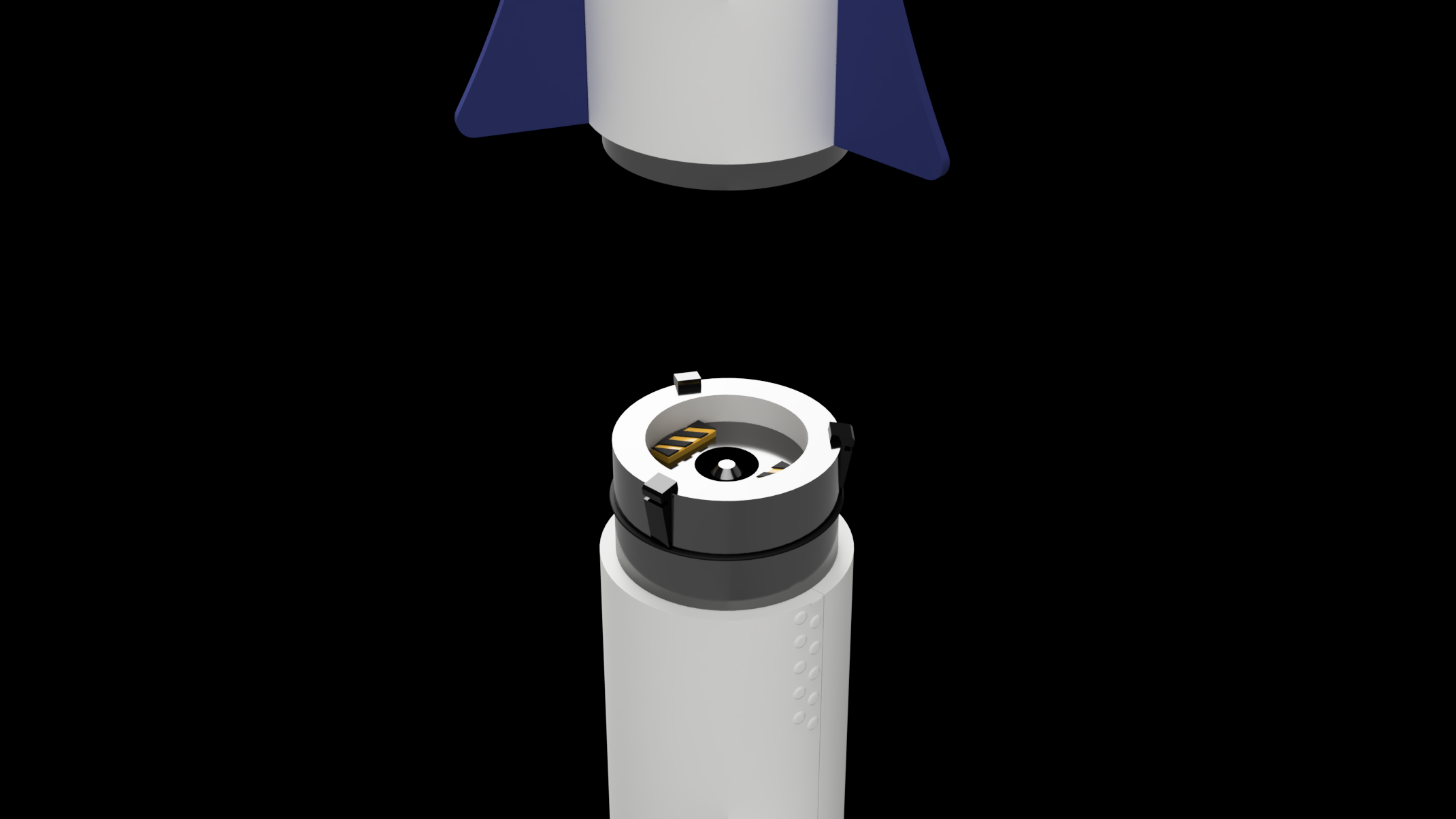 CAD view of the two rocket stages separated at the coupler